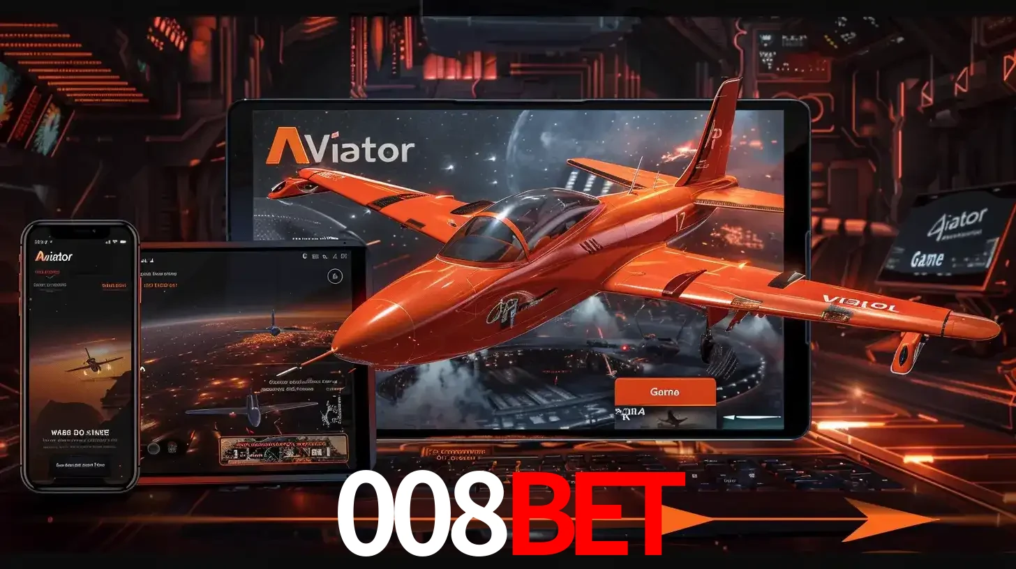 Apresentação tecnológica do jogo Aviator com um avião saindo da tela de um tablet, demonstrando a experiência imersiva em múltiplos dispositivos no 008bet.