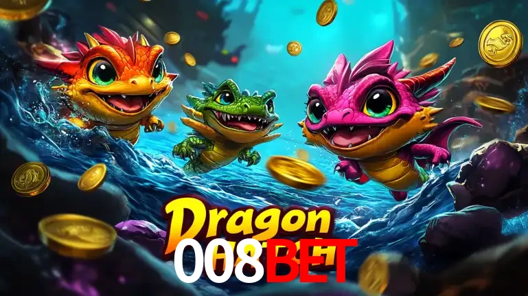 Arte promocional do jogo Dragon Hatch com três adoráveis dragões bebês nadando entre moedas de ouro, um dos slots mais divertidos para jogar no cassino 008bet.