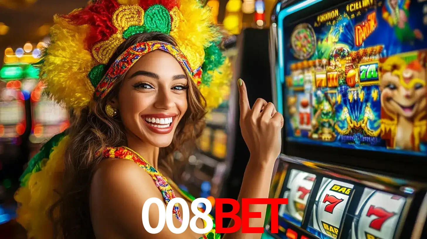 Mulher animada com um cocar de carnaval apontando para uma máquina de caça-níqueis, mostrando a emoção de ganhar um grande prêmio nos jogos do 008bet.