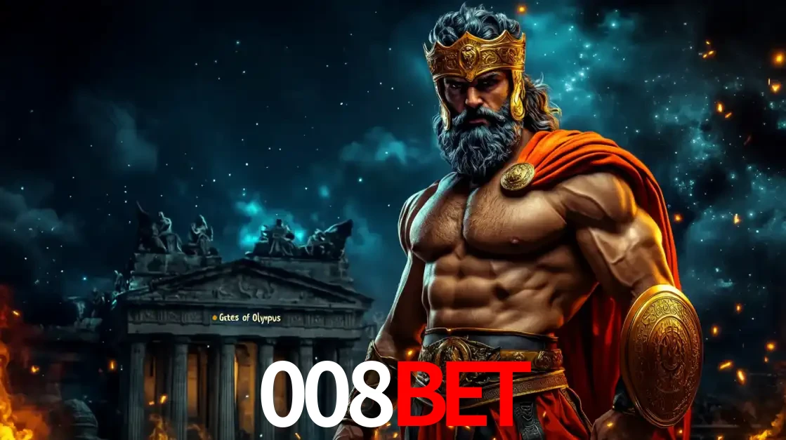 O poderoso Zeus do jogo de slot Gates of Olympus em frente ao seu templo, pronto para lançar multiplicadores divinos e prêmios épicos no cassino online 008bet.