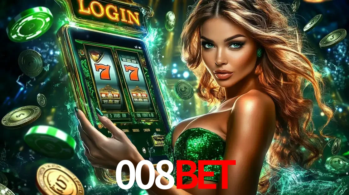 Mulher com tema verde apresentando o aplicativo do cassino 008bet com um jogo de slot de 777, cercada por fichas de cassino e uma aura de sorte.