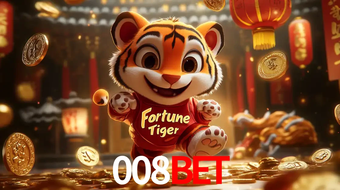 O alegre personagem do Fortune Tiger correndo sobre um caminho de moedas de ouro, simbolizando os grandes prêmios e a diversão do popular jogo de slot do 008bet.