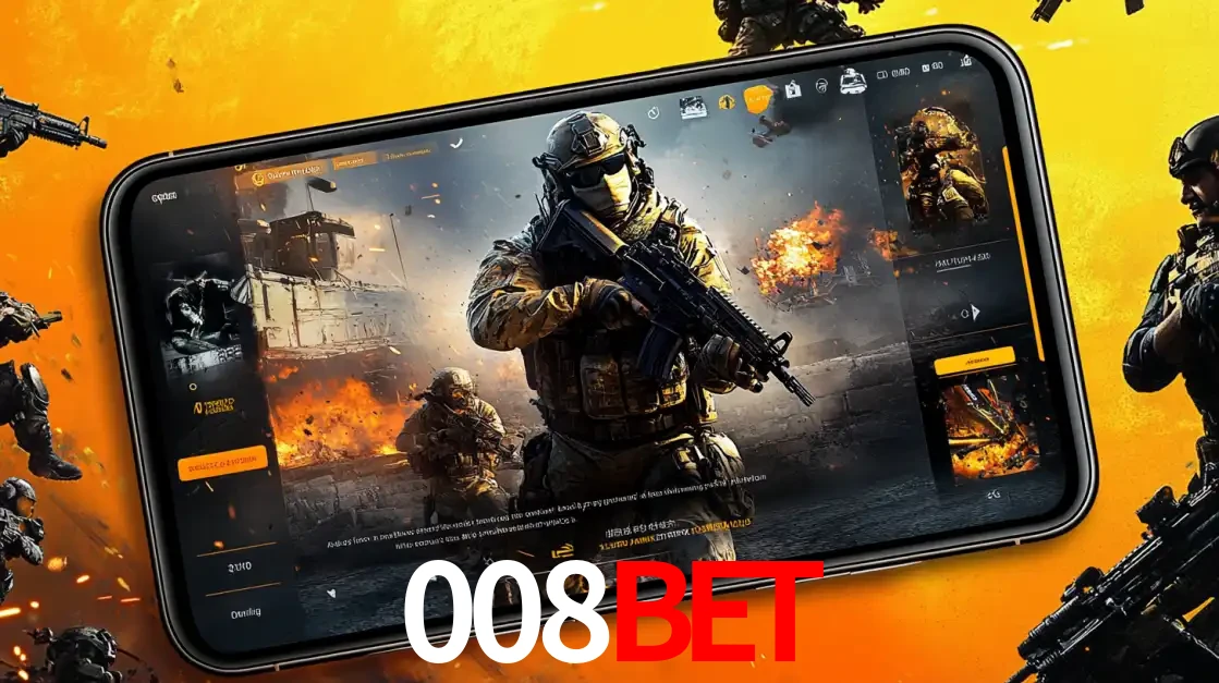 Um smartphone exibindo a interface de um jogo de tiro em primeira pessoa, com um soldado em um cenário de batalha, representando a ação dos e-sports para apostar no 008bet.