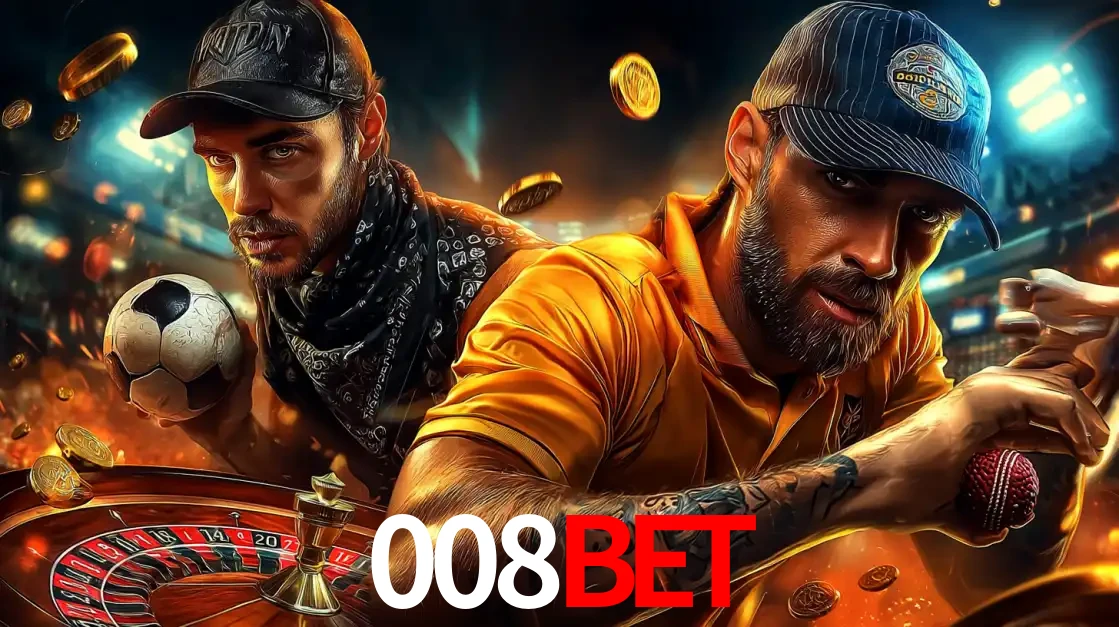 Montagem de apostas esportivas e cassino no 008bet, com um homem segurando uma bola de futebol e outro uma de beisebol sobre uma roleta e moedas voadoras.