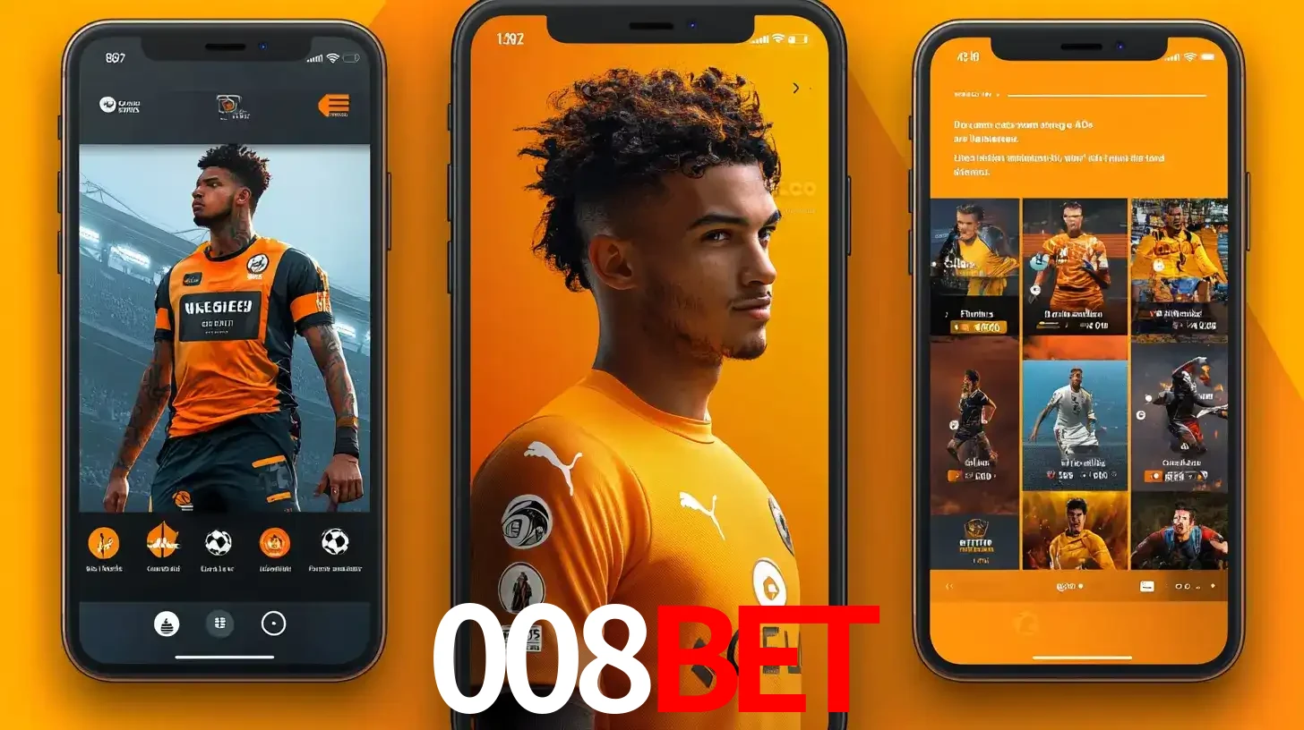 Interface do aplicativo de apostas esportivas 008bet em três telas de celular, mostrando o perfil de um jogador de futebol e a lista de jogos disponíveis para apostar.