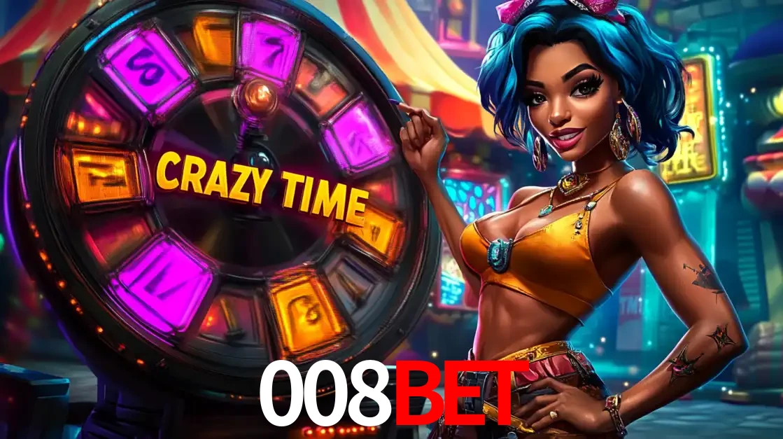 Mulher estilizada com cabelo azul e visual vibrante posando ao lado da roda de prêmios do game show Crazy Time, convidando para a diversão e os bônus do cassino 008bet.