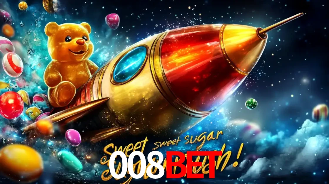 Arte promocional do jogo de slot Sugar Rush, com um urso de pelúcia em um foguete viajando pelo espaço de doces, um dos jogos divertidos disponíveis no cassino 008bet.
