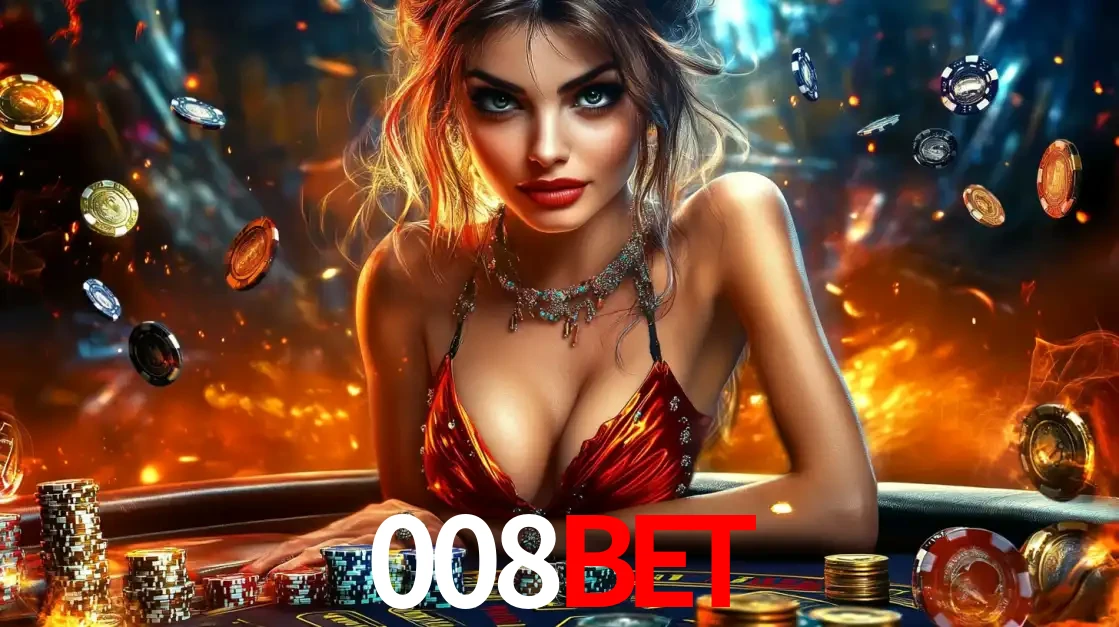 Mulher em uma mesa de cassino com pilhas de fichas e um fundo de fogo, pronta para uma rodada de altas apostas nos jogos de mesa emocionantes do cassino 008bet.