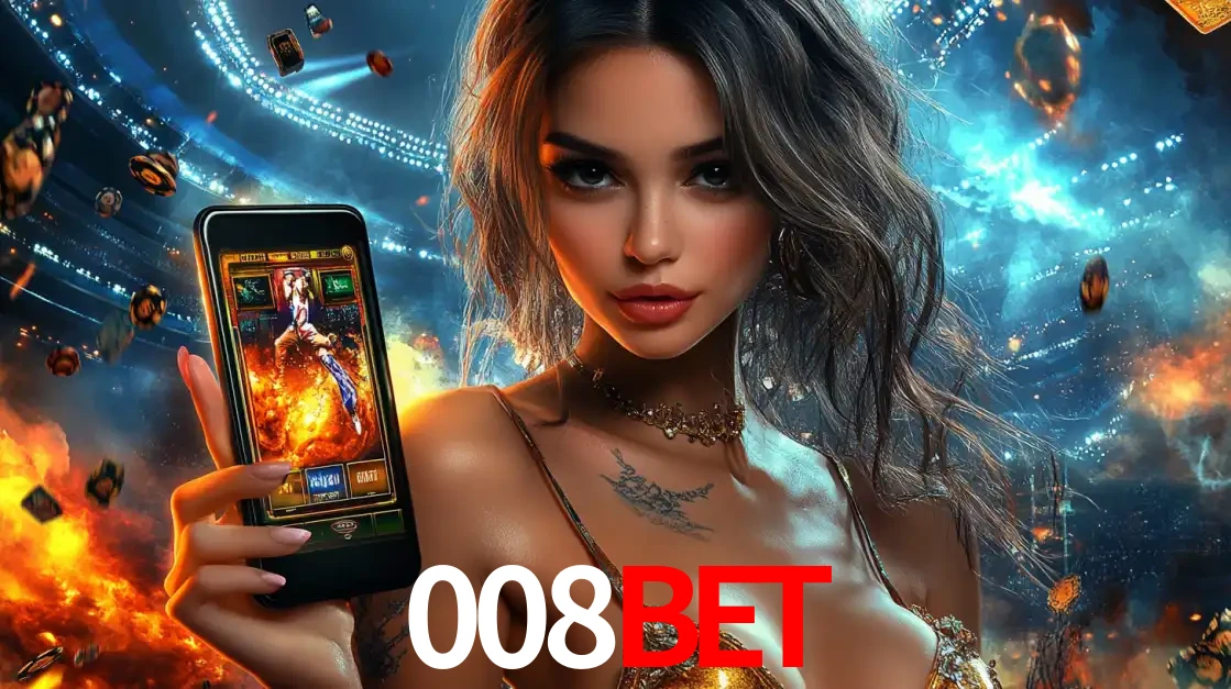 Mulher segurando um celular com um jogo de slot em destaque, tendo como fundo um estádio vibrante, simbolizando a emoção de jogar no cassino móvel 008bet.