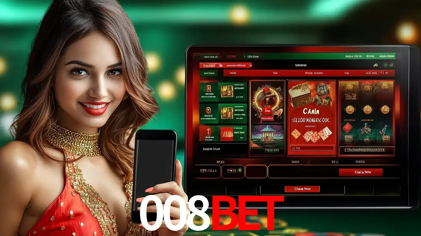 Mulher sorridente segurando um smartphone, ao lado de uma tela exibindo o lobby de jogos do cassino online 008bet, com várias opções de jogos de cartas e slots.